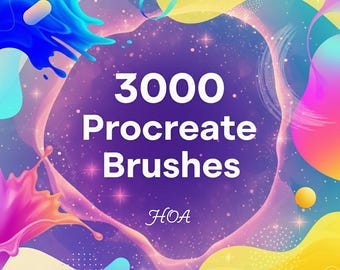 May include: An abstract digital art image with a purple and blue galaxy background. The text "3000 Procreate Brushes" is in white, with the initials "HOA" below. The image features colorful splashes and shapes in shades of blue, pink, yellow, and purple.