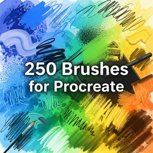 May include: A colorful digital art graphic with the text "250 Brushes for Procreate." The background features a variety of brushstroke textures in shades of blue, green, yellow, and orange. A digital pen and tablet are visible.