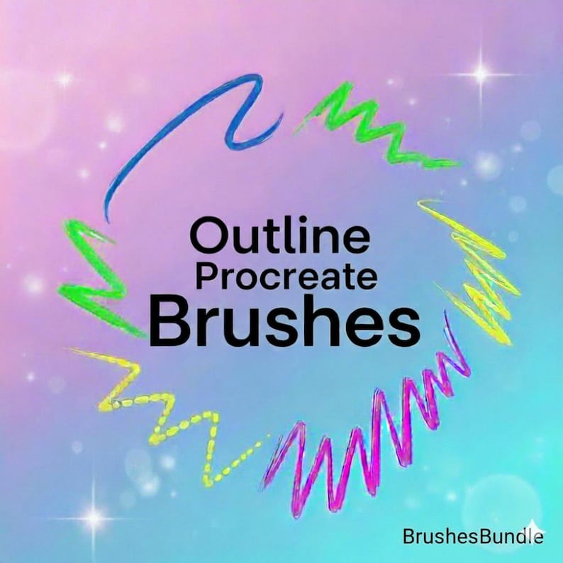 K&ouml;nnte beinhalten: Ein Bild mit einem Hintergrund aus Rosa, Lila und Blau, das den Text "Outline Procreate Brushes" in Schwarz zeigt. Bunte, gekritzelte Linien in Blau, Gr&uuml;n, Gelb und Pink umkreisen den Text. Der Text "BrushesBundle" befindet sich unten.