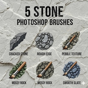 Puede incluir: Imagen que muestra cinco pinceles de Photoshop de piedra. El texto dice "5 STONE PHOTOSHOP BRUSHES". Los estilos de pincel incluyen Cracked Stone, Rough Edge, Pebble Texture, Mossy Rock y Smooth Slate, cada uno con un diseño de piedra único.