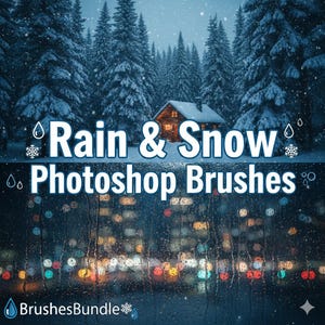 May include: Digital graphic advertising "Rain & Snow Photoshop Brushes". The image shows a snowy forest, a cabin, and a blurred city backdrop. The text is overlaid on a rain-streaked window. The BrushesBundle logo is at the bottom.