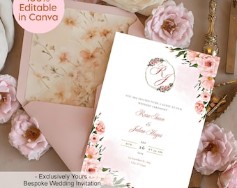 Plantilla de invitación de boda editable en Canva / Invitación elegante estilo boho con flores en rosa palo / Descarga instantánea imprimible