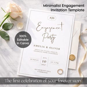 Engagement Party Invitation Template Canva Editable | Monogram Elegant Minimalist Script Invite | Printable Instant Download