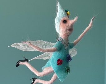 Hanging Needle Felted Fairy Ornament, Handmade Wool Doll with Wings
