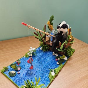 Needle Felted Badger Sculpture: Wool Art Fishing Scene