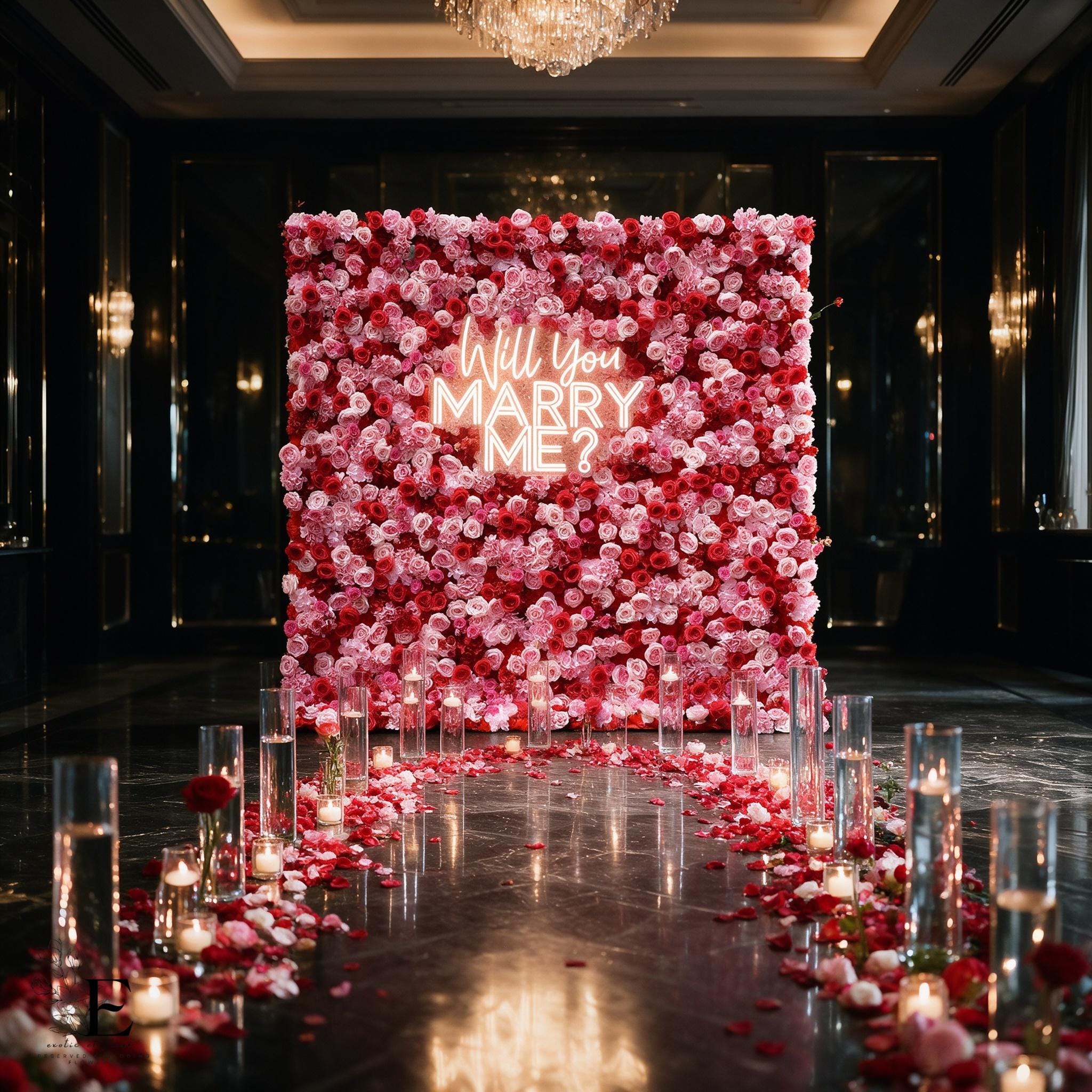 3D 赤とピンクの花の壁の背景幕（スタンド付き、8 x 8 フィート