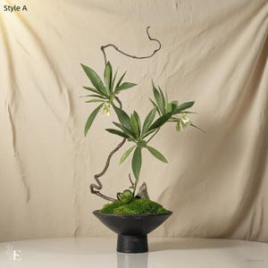 May include: A minimalist floral arrangement in a black ceramic bowl. The arrangement features green leaves, small white flowers, and a curved, brown branch. The bowl sits on a white surface against a beige backdrop. The text "Style A" is in the upper left corner.