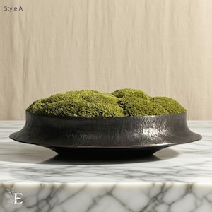May include: A dark, hammered metal bowl filled with vibrant green moss. The bowl has a wide, flared rim and sits on a low, circular base. The text "Style A" is in the top left corner.