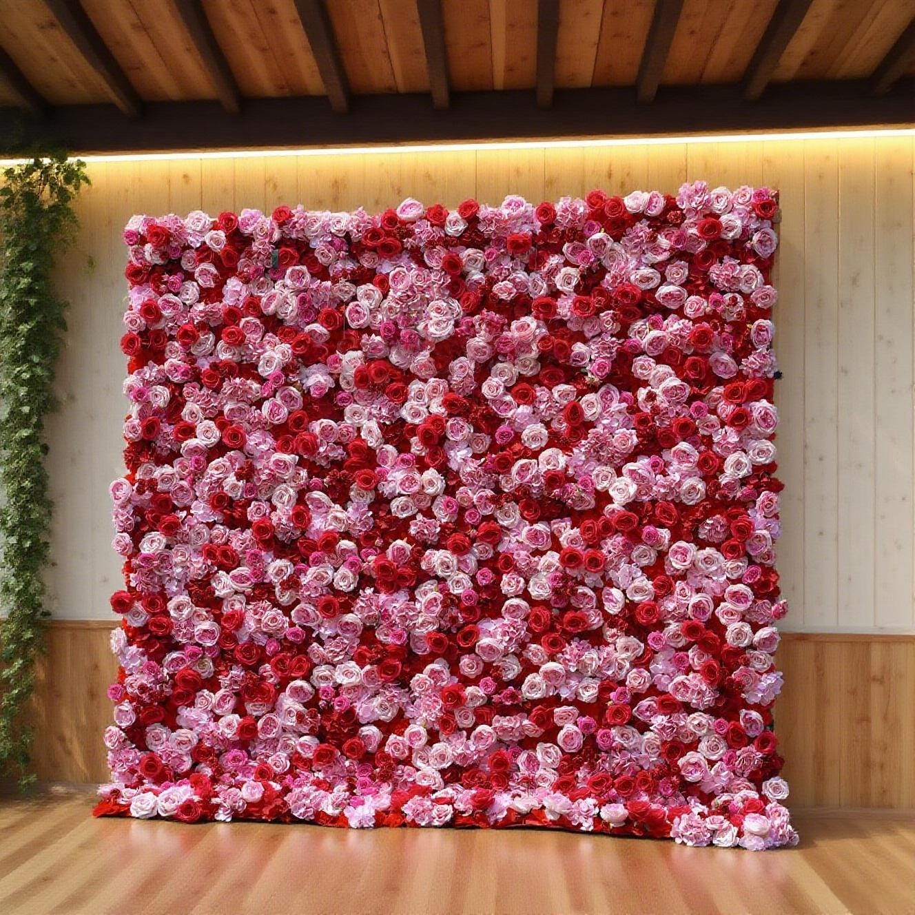 3D 赤とピンクの造花壁背景: 8 x 8 フィートのシルク製結婚式および