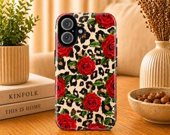 Rote Rosen Leopard Muster Handyhülle Blumenmuster Tier Cover für iPhone 17 Pro Max, 16e, 15, 14, 13 & Samsung S26 Ultra, S25 FE, A57, A56, Pixel 9