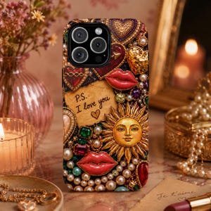 May include: A smartphone case featuring a collage of gold, red, and green hearts, pearls, and a sun face. A central tan paper element displays the text P.S. I love you with a small heart. The design includes red lips and various gemstones.