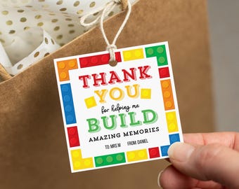 Teacher Gift Tag – “Thanks for Helping Me Build Memories” | Building Blocks Birthday Party Favor Tag | Printable 3x3” Tag (Digital Download)