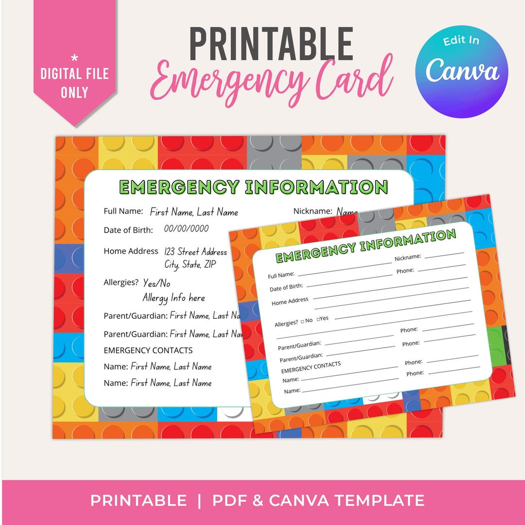 Building Blocks Emergency Contact Card for Kids: School Safety ID ...