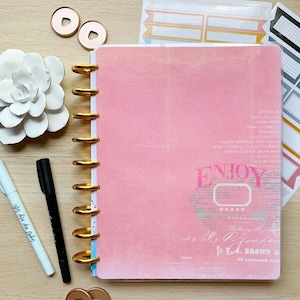 Classic Happy Planner Cover | Disc Bound Cover for planners, notebooks & more | Pink &quot;Enjoy&quot; print