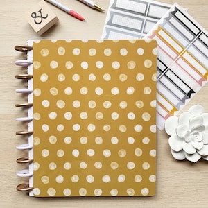 Couverture Happy Planner | Agendas reliés par disque | Carnet de notes Happy Notes et plus |  Pois dorés + Feuilles