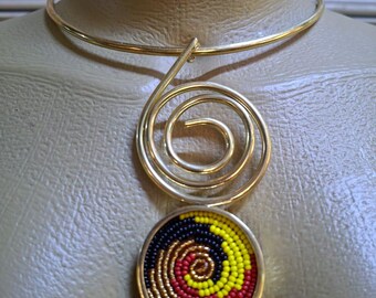 Handmade Beaded Brass Collar Necklace – Adjustable Boho Statement Jewelry