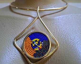 Handmade Brass Beaded Cuff Necklace – Boho Tribal Pendant