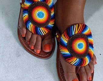 Handmade African Beaded Leather Sandals for Women | Maasai Inspired Boho Flat Slip-On Sandals | Summer Beach & Vacation Artisan Shoes