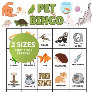 May include: A Pet Bingo game sheet featuring a grid of illustrations including a lizard, ferret, wheel, parrot, tarantula, fish, hedgehog, vaccination, scratching post, chinchilla, hamster, litter box, water bowl, pet carrier, paw print, leash, turtle, poop bag, pet store, and gerbil.