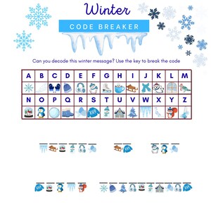 Può includere: Un puzzle rompicapo a tema invernale con la parola "Winter" in alto. Il puzzle include una chiave con immagini a tema invernale corrispondenti alle lettere dell'alfabeto. Sotto la chiave ci sono messaggi codificati da decifrare.