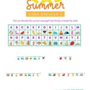 May include: A colorful summer-themed code breaker puzzle with the word "Summer" in orange and yellow. The puzzle includes a key with summer-related icons and a message to decode. The text "CODE BREAKER 1" is also present.