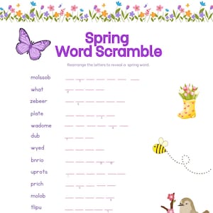 Puede incluir: Un juego de palabras revueltas con temática primaveral con una mariposa morada, una bota de lluvia amarilla llena de flores, una abeja y un pájaro en una rama. El título "Spring Word Scramble" es en morado.