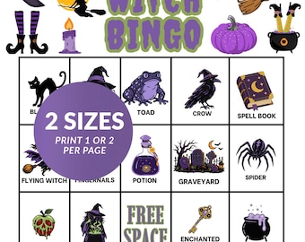 May include: A Witch Bingo game card featuring a grid of Halloween-themed illustrations including a black cat, toad, crow, spell book, potion, graveyard, spider, poison apple, cauldron, full moon, candle, stars, bat, pumpkin, ghost, and hat.