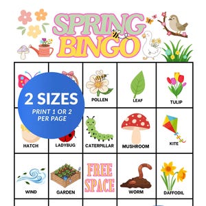 May include: A Spring Bingo game card featuring illustrations of spring symbols such as a ladybug, tulip, and chick. The card includes the text "Spring Bingo", "2 Sizes", and "40 Cards".