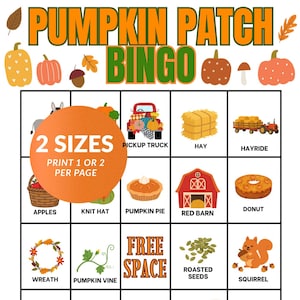 Pode incluir: Uma cartela de jogo Pumpkin Patch Bingo com uma grade de ilustrações com tema de outono, incluindo uma caminhonete, feno, um celeiro vermelho, um donut, um esquilo, um trator e um labirinto de milho. O texto diz Pumpkin Patch Bingo.