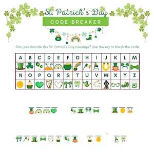 Pode incluir: Um jogo de quebra-cabeças temático do Dia de São Patrício com uma chave para decifrar uma mensagem. O jogo apresenta trevos verdes, arco-íris, potes de ouro e outros símbolos festivos. O texto diz "St. Patrick's Day Code Breaker."