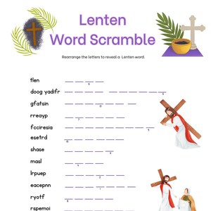Op de afbeelding: Een Lenten Word Scramble werkblad met een paarse kop en illustraties van een kruis, palmtakken en Jezus die het kruis draagt. Het werkblad bevat woordpuzzels en een zin om in te vullen.