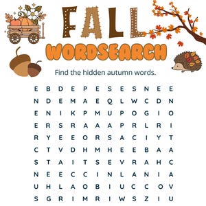 May include: A printable autumn word search activity sheet featuring the title FALL WORDSEARCH, a grid of letters, and a list of seasonal words to find. The page is decorated with illustrations of a pumpkin wagon, acorns, and a hedgehog.