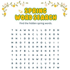 Może przedstawiać: Gra w wyszukiwanie słów o tematyce wiosennej, z tytułem "SPRING WORD SEARCH" w kolorze zielonym i żółtym. Układanka zawiera siatkę liter i listę słów związanych z wiosną, takich jak "blossom" i "daffodil".