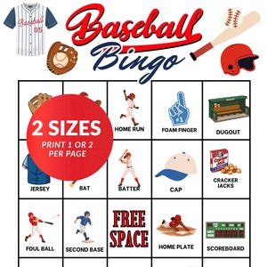 Pode incluir: Uma cartela de jogo de Bingo de beisebol com uma grade de ilustrações incluindo uma camisa, bastão, batedor, boné, Cracker Jacks, bola de foul, segunda base, home plate, placar, campo, amendoins, slider, strike, curveball, campo externo e gaiola.