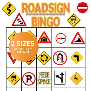 Lär dig vägskyltar bingo, utskrivbart trafikskyltsspel, trafiksäkerhetsaktivitet, övning i elevkörning, bilåkningsspel, lär dig köra bingo PDF
