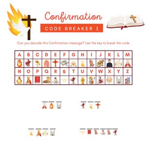May include: A Confirmation-themed code breaker puzzle with a key and illustrations. The title "Confirmation" is in red, and the text "CODE BREAKER 1" is in orange. The puzzle includes images of religious symbols.