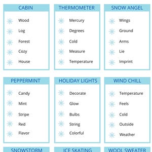 Könnte beinhalten: Neun blaue Kästchen mit winterlichen Wörtern und verwandten Begriffen. Themen sind Hütte, Thermometer, Schneeengel, Pfefferminze, Weihnachtsbeleuchtung, Windchill, Schneesturm, Eislaufen und Wollpullover.