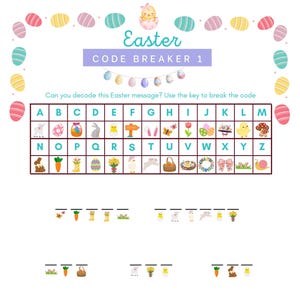 May include: Easter-themed code breaker puzzle with colorful illustrations of Easter eggs, bunnies, chicks, and flowers. The puzzle includes a key with letters and corresponding images to decode a message. The text "Easter Code Breaker 1" is at the top.