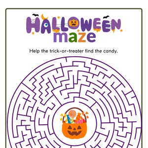 May include: A printable Halloween maze activity sheet featuring the text HALLOWEEN maze and Help the trick-or-treater find the candy. The circular purple maze surrounds a central orange jack-o'-lantern bucket filled with colorful candy.