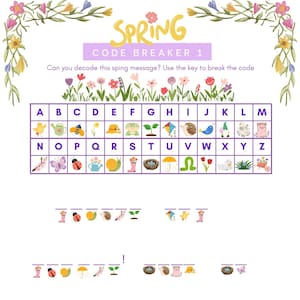 May include: A spring-themed code breaker puzzle with the word "SPRING" at the top. It includes a key with spring images and letters, and coded messages to decode. The design is decorated with floral elements.