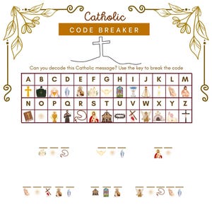 Puede incluir: Un papel blanco con un juego de descifrado católico. El juego incluye una clave con símbolos religiosos y letras, y una serie de mensajes codificados para descifrar. El texto "Catholic Code Breaker" está en la parte superior.