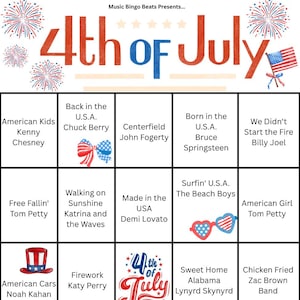 K&ouml;nnte beinhalten: Eine Bingo-Karte zum 4. Juli mit roten, wei&szlig;en und blauen Grafiken. Die Karte zeigt Songtitel und K&uuml;nstlernamen, darunter "American Girl" von Tom Petty und "Sweet Home Alabama" von Lynyrd Skynyrd. Feuerwerk und eine amerikanische Flagge sind ebenfalls abgebildet.