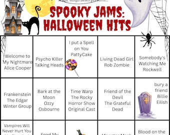 Halloween Music Bingo Party Game: 20 Printable Cards, Spotify Playlist (Digital Download)