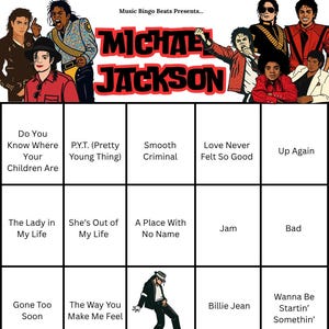 以下が含まれることがあります： マイケル・ジャクソンをテーマにしたビンゴゲームカード。カードには、マイケル・ジャクソンの画像と、「Billie Jean」、「Smooth Criminal」、「Bad」などの曲名がコラージュされています。カードの上部には「Music Bingo Beats Presents... Michael Jackson」と書かれています。