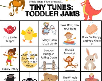 Toddler MUSIC BINGO for daycare, 20 Bingo Cards, Playlist Included, Digital Download