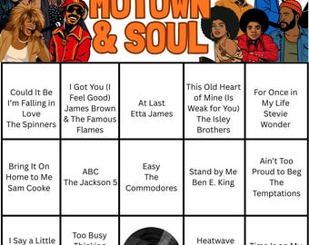 Motown & Soul Music Bingo Party Game: 20 Printable Cards, Spotify Playlist (Digital Download)