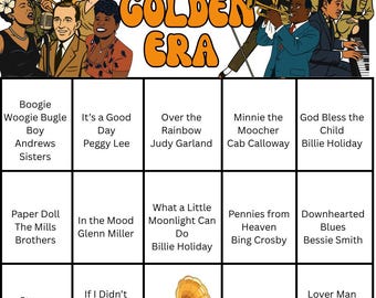 Bingo musical de la época dorada, 20 cartones de bingo, lista de reproducción incluida, descarga digital