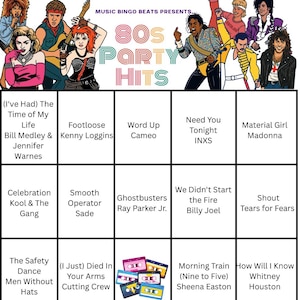 K&ouml;nnte beinhalten: Eine Bingo-Karte mit 80er-Jahre-Party-Hits, mit Songtiteln und K&uuml;nstlernamen. Oben auf der Karte befinden sich Illustrationen von Musikern. Kassetten befinden sich in der Mitte. Die Karte enth&auml;lt Songs wie "Material Girl" und "Sweet Dreams".