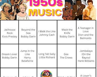 1950s Music Bingo Game: 20 Printable Cards (Digital Download)