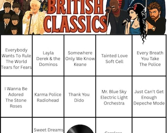 BINGO MUSICAL - Clásicos británicos, 20 cartones de bingo, lista de reproducción incluida, descarga digital